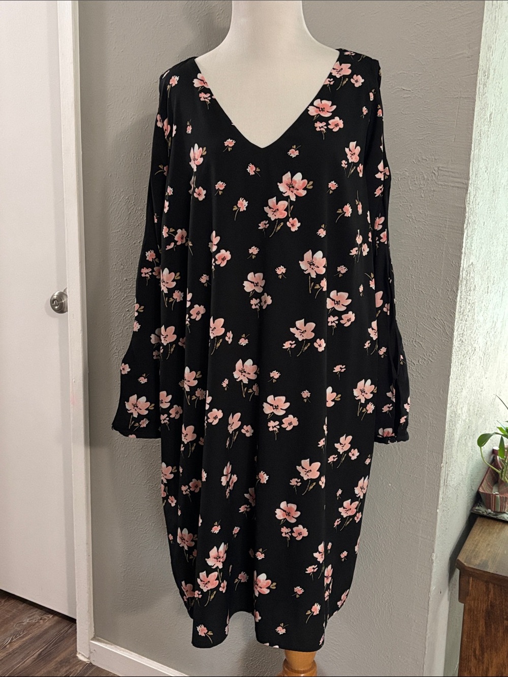 Chelsea & Theodore Black Long Sleeve Dress with Pink Floral Print